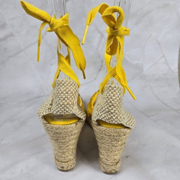 L. K. Bennett Size 40 (US 8.5) Yellow Lace Up Wedge Heels Floral Print Textile - Picture 5 of 16